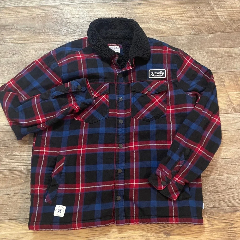 Hurley Men Sherpa Lined Plaid Flannel Shirt Jacket Red Blue Black HFA21SMJ-02880